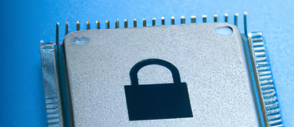A graphic showing a cpu-processor with a lock, representing a combination of processing & cybersecurity.